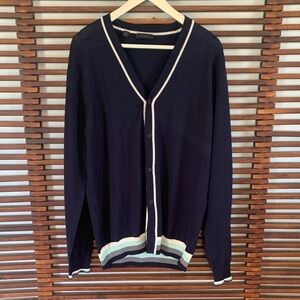 Saks Fifth Avenue Men's Navy V-Neck Cardigan with Contrast Trim